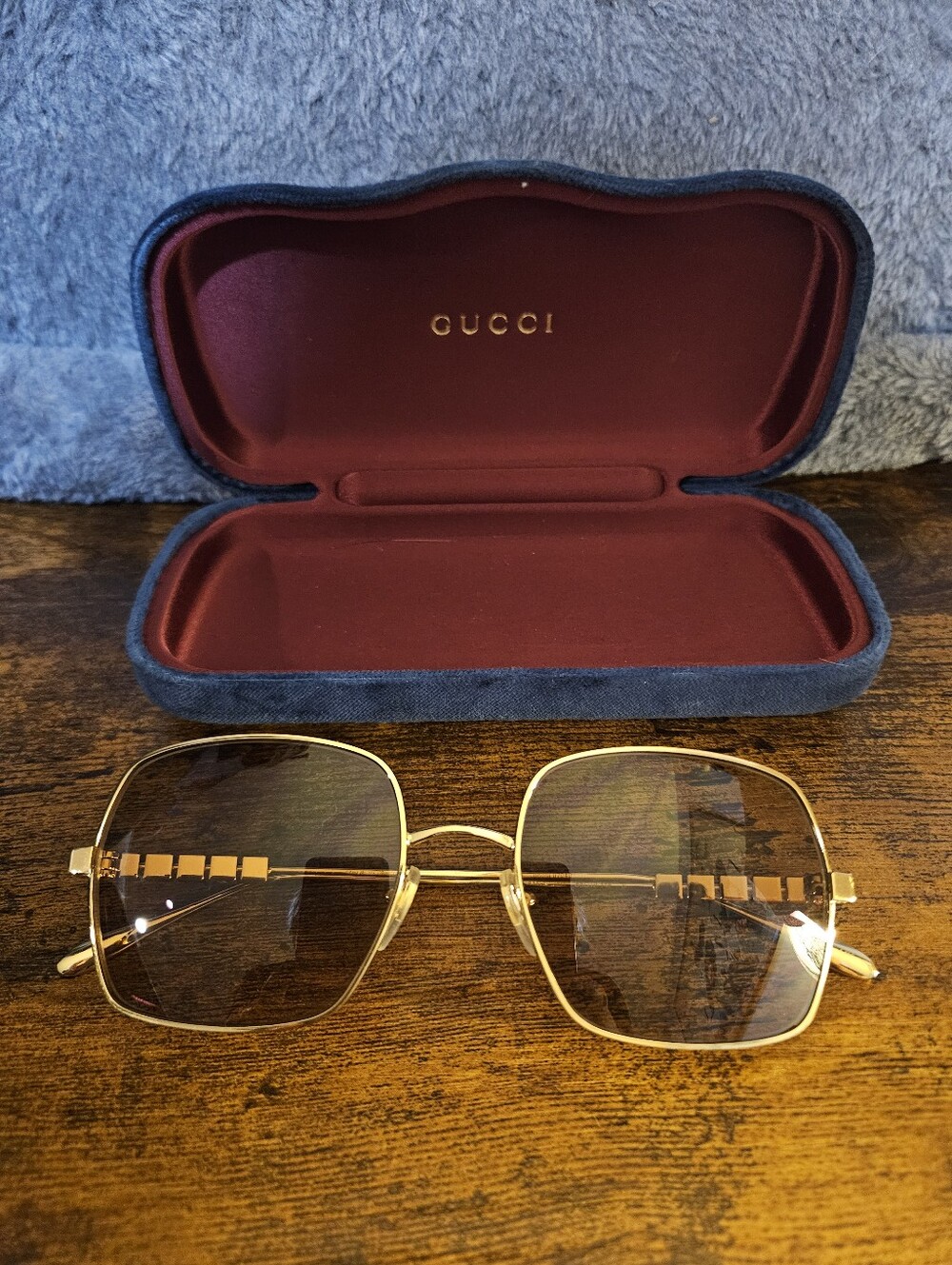 Gucci Gold Square Metal Frame Sunglasses with Tinted Lenses